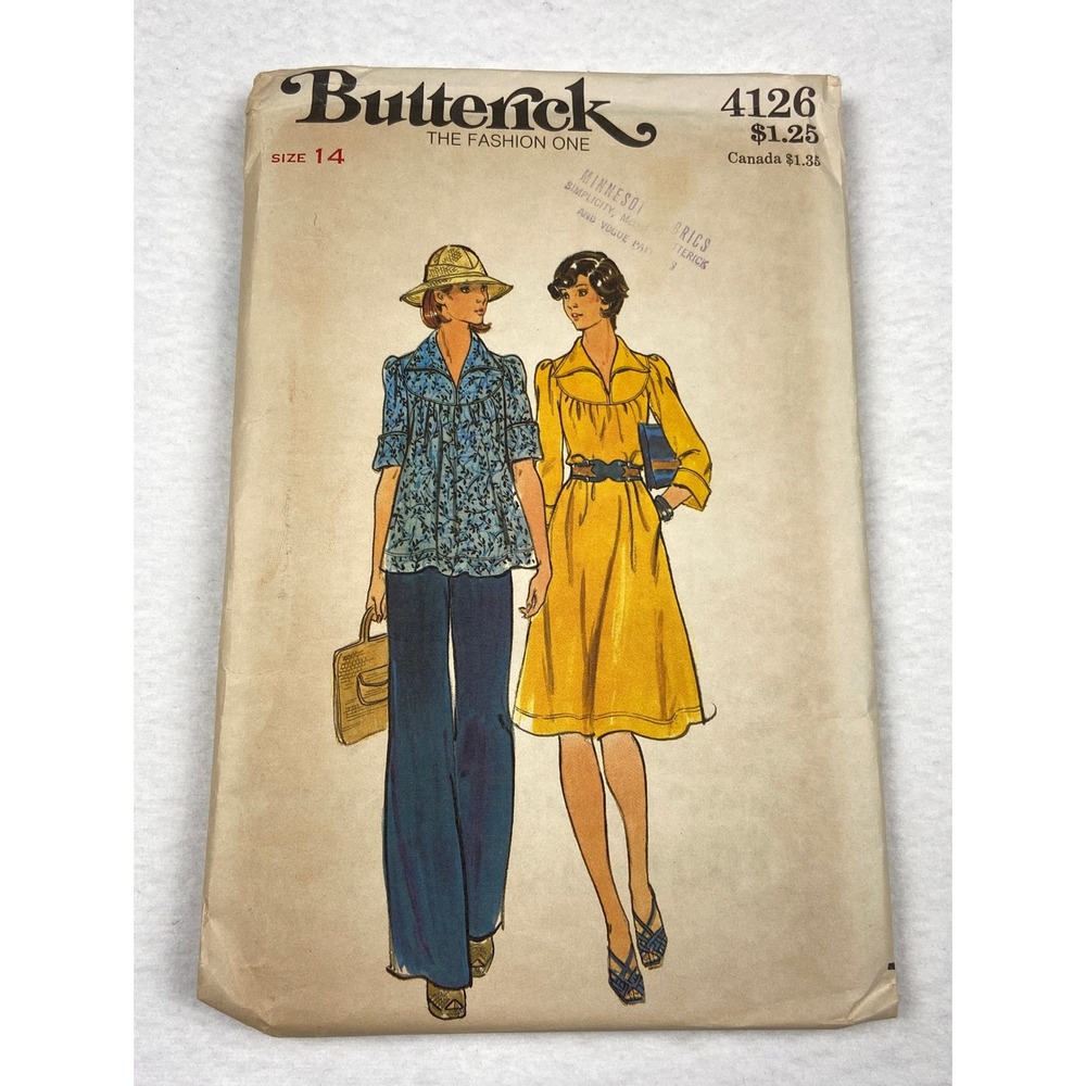 Vintage 70s Butterick 4126 Sewing Pattern Dress Top Wide Leg Pants Size 14 Cut